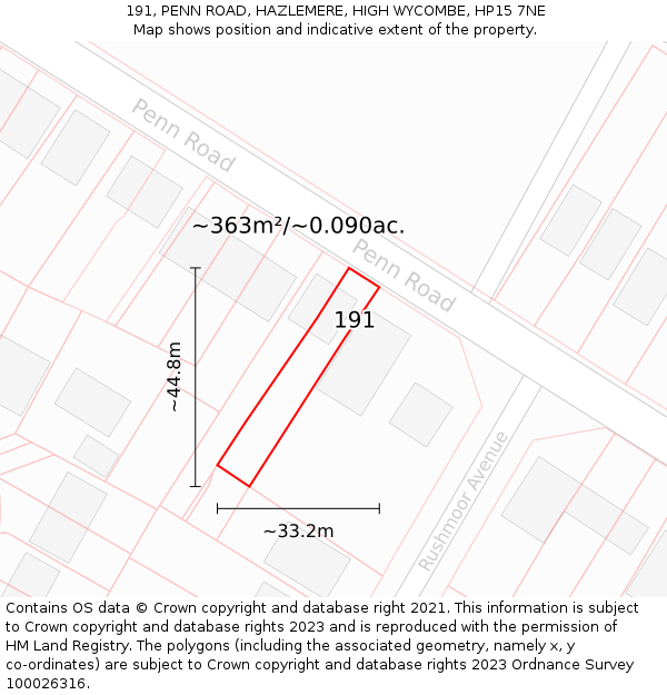 191, PENN ROAD, HAZLEMERE, HIGH WYCOMBE, HP15 7NE: Plot and title map