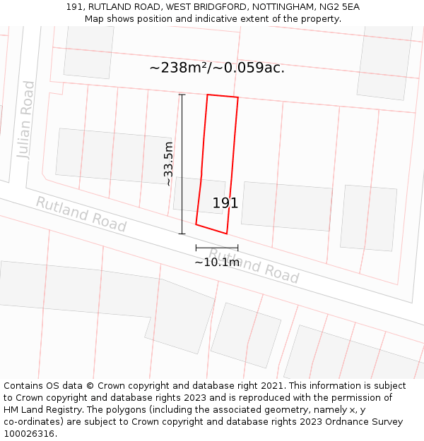 191, RUTLAND ROAD, WEST BRIDGFORD, NOTTINGHAM, NG2 5EA: Plot and title map