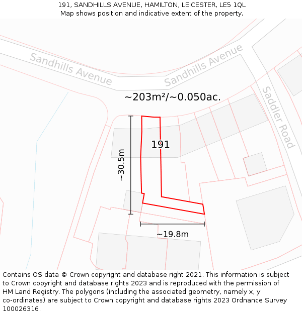 191, SANDHILLS AVENUE, HAMILTON, LEICESTER, LE5 1QL: Plot and title map
