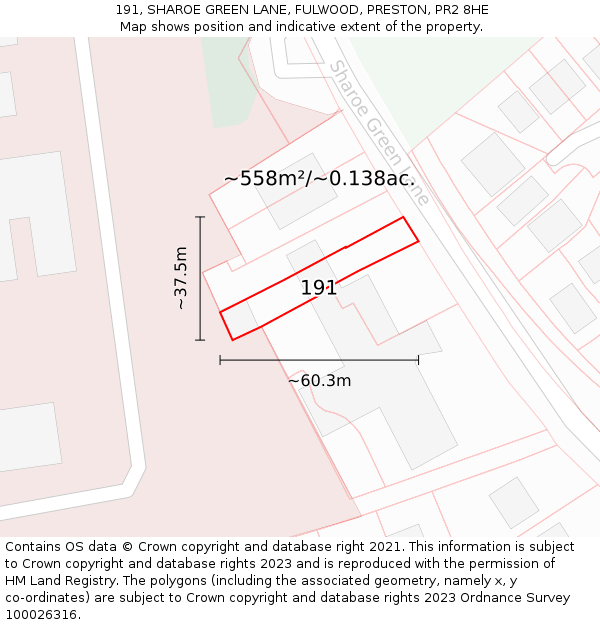 191, SHAROE GREEN LANE, FULWOOD, PRESTON, PR2 8HE: Plot and title map