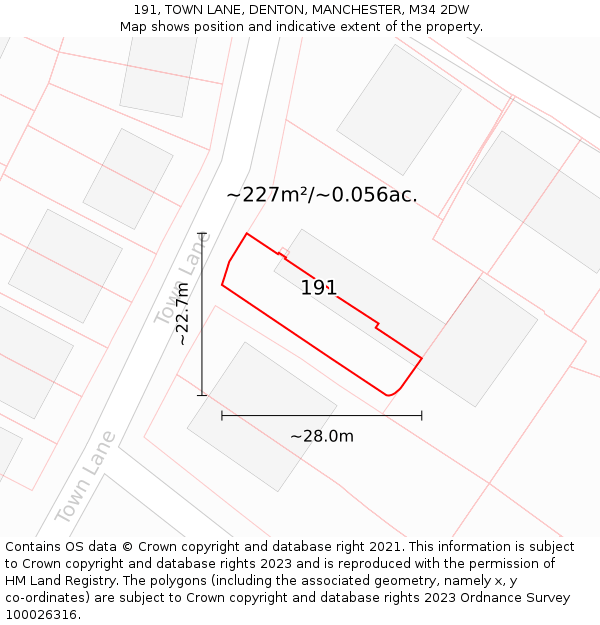 191, TOWN LANE, DENTON, MANCHESTER, M34 2DW: Plot and title map