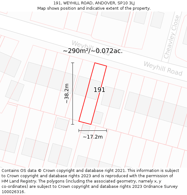 191, WEYHILL ROAD, ANDOVER, SP10 3LJ: Plot and title map