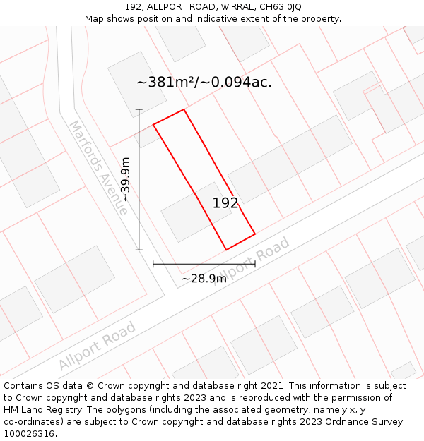 192, ALLPORT ROAD, WIRRAL, CH63 0JQ: Plot and title map