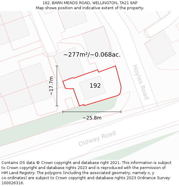 192, BARN MEADS ROAD, WELLINGTON, TA21 9AP: Plot and title map