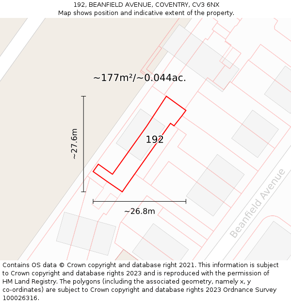 192, BEANFIELD AVENUE, COVENTRY, CV3 6NX: Plot and title map