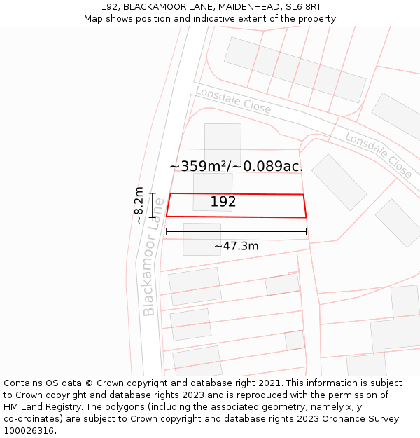 192, BLACKAMOOR LANE, MAIDENHEAD, SL6 8RT: Plot and title map