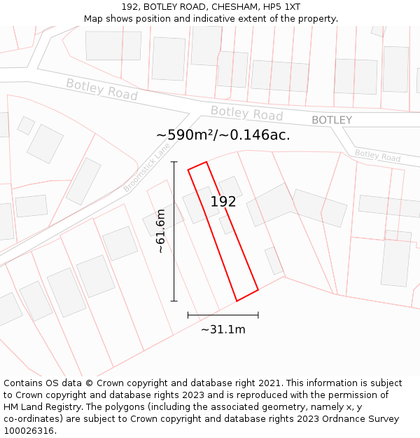 192, BOTLEY ROAD, CHESHAM, HP5 1XT: Plot and title map