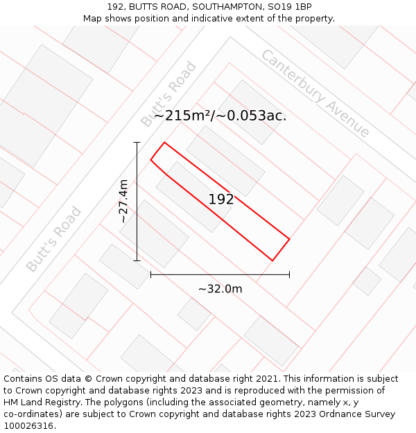 192, BUTTS ROAD, SOUTHAMPTON, SO19 1BP: Plot and title map