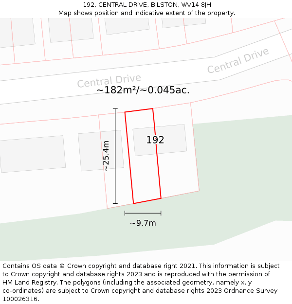 192, CENTRAL DRIVE, BILSTON, WV14 8JH: Plot and title map
