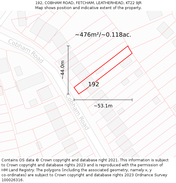 192, COBHAM ROAD, FETCHAM, LEATHERHEAD, KT22 9JR: Plot and title map