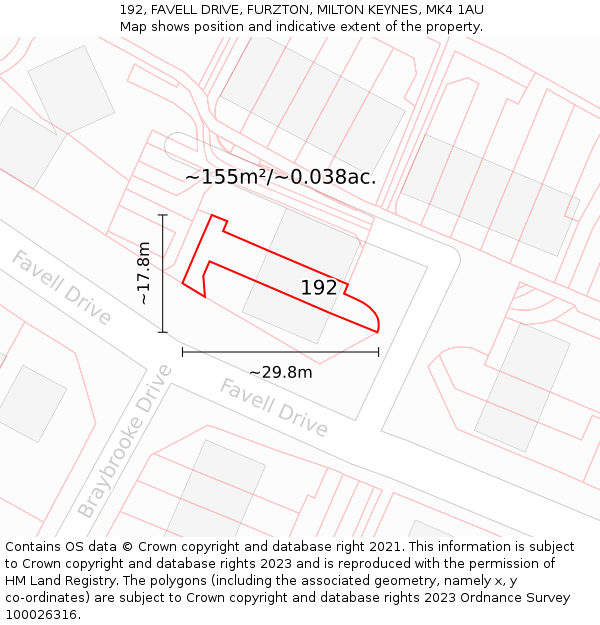 192, FAVELL DRIVE, FURZTON, MILTON KEYNES, MK4 1AU: Plot and title map