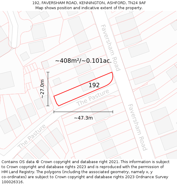 192, FAVERSHAM ROAD, KENNINGTON, ASHFORD, TN24 9AF: Plot and title map