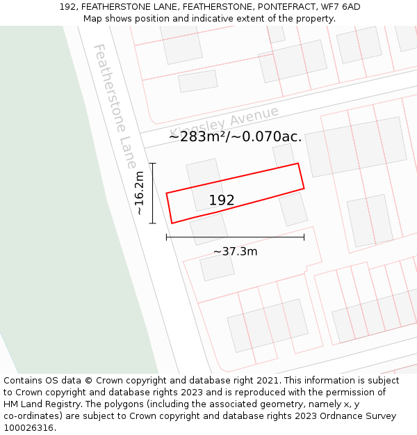 192, FEATHERSTONE LANE, FEATHERSTONE, PONTEFRACT, WF7 6AD: Plot and title map