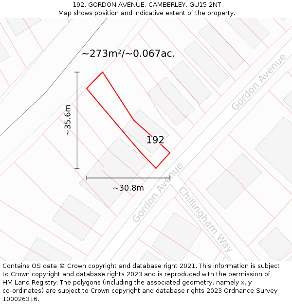 192, GORDON AVENUE, CAMBERLEY, GU15 2NT: Plot and title map