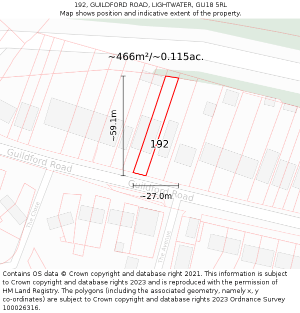 192, GUILDFORD ROAD, LIGHTWATER, GU18 5RL: Plot and title map