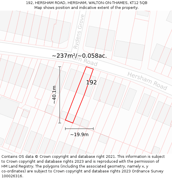 192, HERSHAM ROAD, HERSHAM, WALTON-ON-THAMES, KT12 5QB: Plot and title map