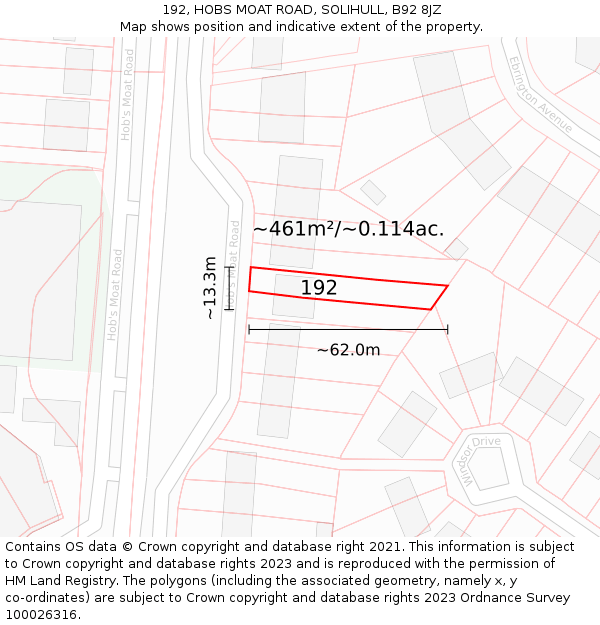 192, HOBS MOAT ROAD, SOLIHULL, B92 8JZ: Plot and title map