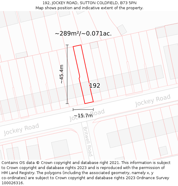 192, JOCKEY ROAD, SUTTON COLDFIELD, B73 5PN: Plot and title map