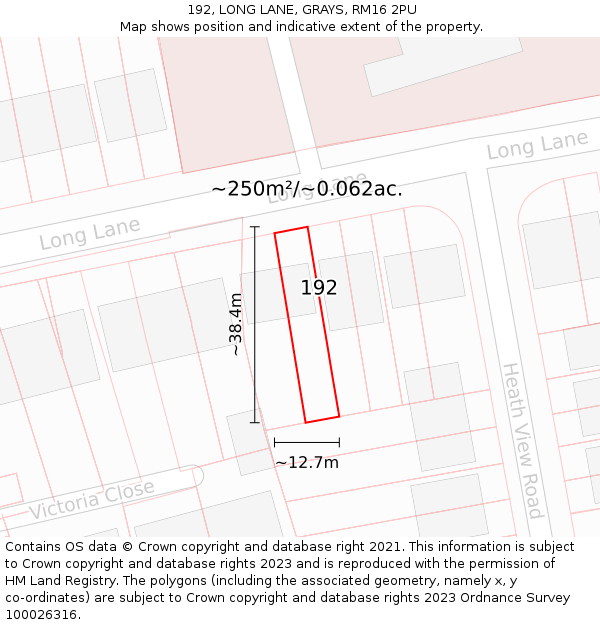 192, LONG LANE, GRAYS, RM16 2PU: Plot and title map