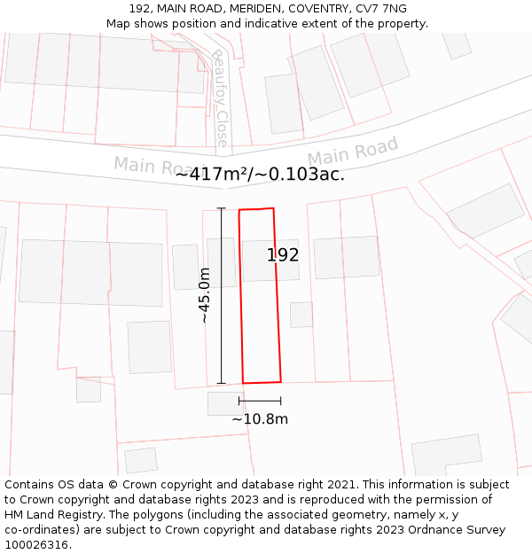 192, MAIN ROAD, MERIDEN, COVENTRY, CV7 7NG: Plot and title map