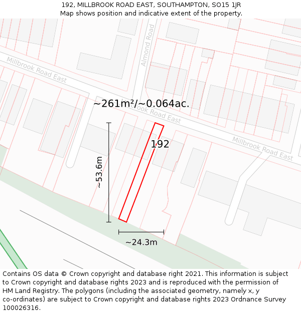 192, MILLBROOK ROAD EAST, SOUTHAMPTON, SO15 1JR: Plot and title map