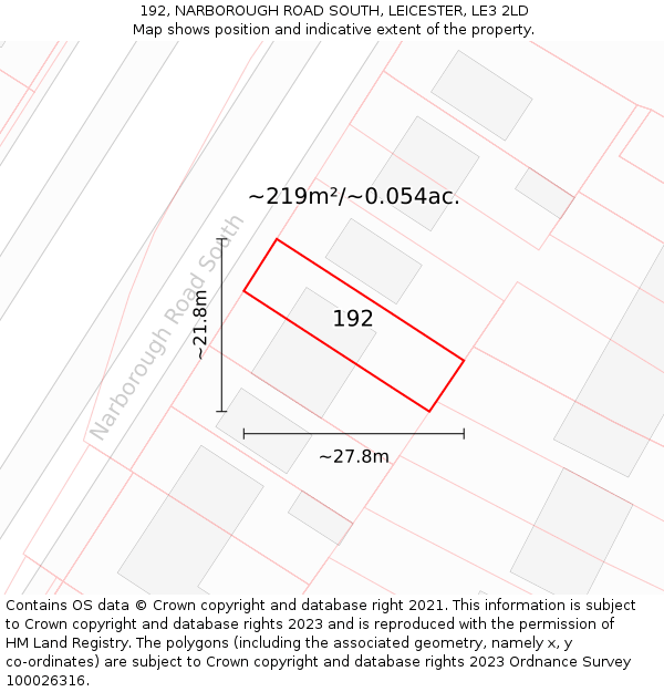 192, NARBOROUGH ROAD SOUTH, LEICESTER, LE3 2LD: Plot and title map