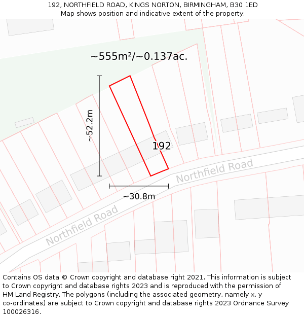 192, NORTHFIELD ROAD, KINGS NORTON, BIRMINGHAM, B30 1ED: Plot and title map