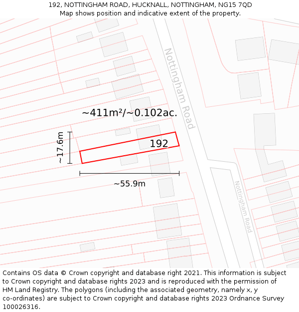 192, NOTTINGHAM ROAD, HUCKNALL, NOTTINGHAM, NG15 7QD: Plot and title map