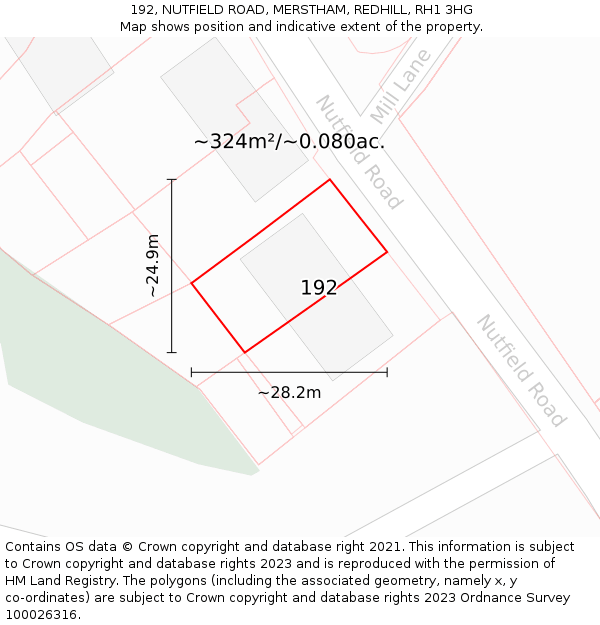 192, NUTFIELD ROAD, MERSTHAM, REDHILL, RH1 3HG: Plot and title map