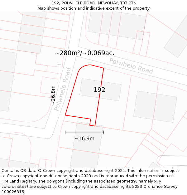 192, POLWHELE ROAD, NEWQUAY, TR7 2TN: Plot and title map