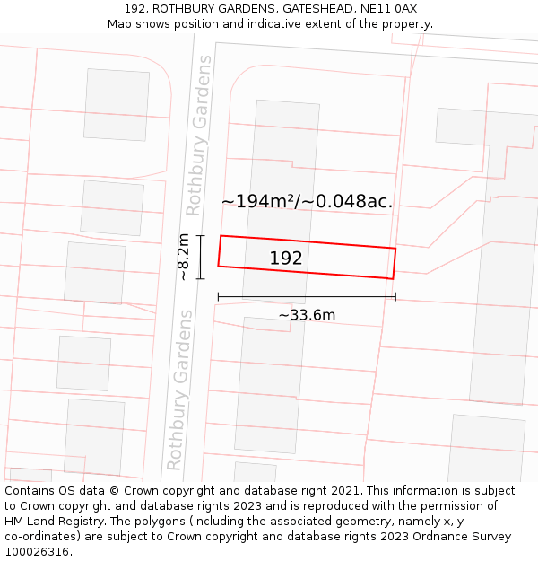 192, ROTHBURY GARDENS, GATESHEAD, NE11 0AX: Plot and title map