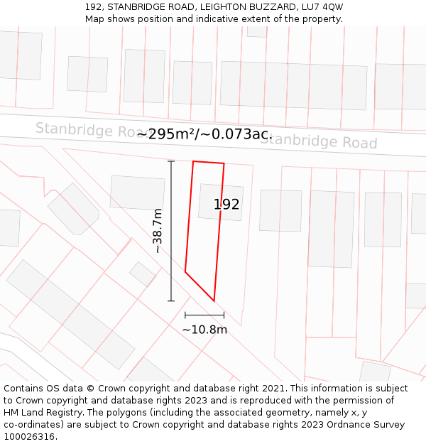 192, STANBRIDGE ROAD, LEIGHTON BUZZARD, LU7 4QW: Plot and title map