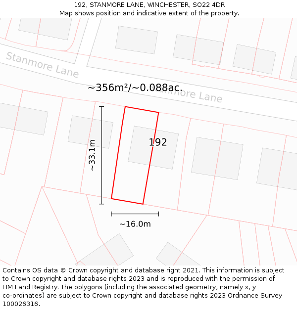 192, STANMORE LANE, WINCHESTER, SO22 4DR: Plot and title map