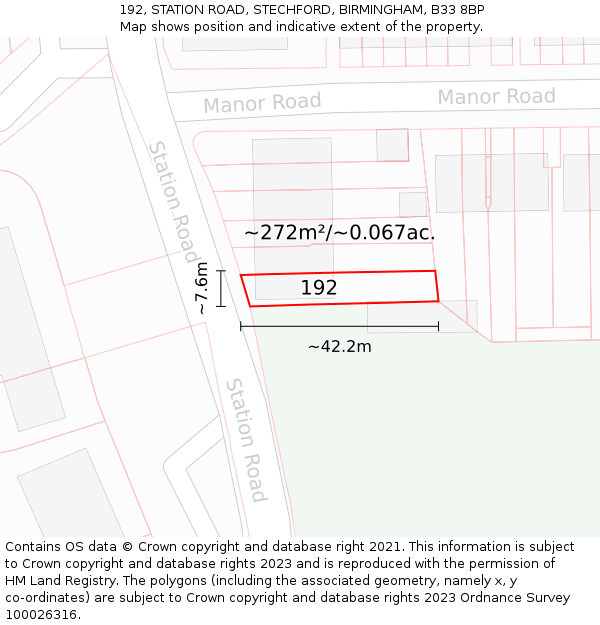 192, STATION ROAD, STECHFORD, BIRMINGHAM, B33 8BP: Plot and title map