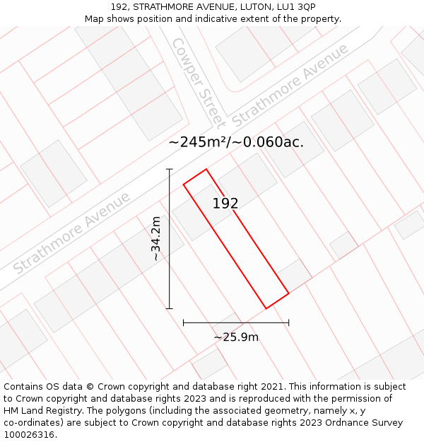 192, STRATHMORE AVENUE, LUTON, LU1 3QP: Plot and title map