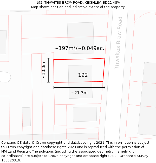 192, THWAITES BROW ROAD, KEIGHLEY, BD21 4SW: Plot and title map