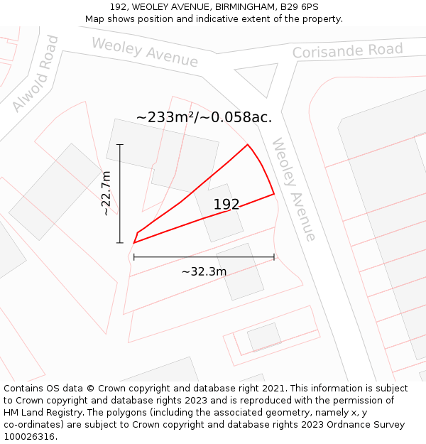 192, WEOLEY AVENUE, BIRMINGHAM, B29 6PS: Plot and title map