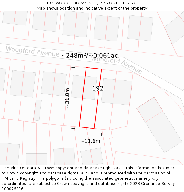 192, WOODFORD AVENUE, PLYMOUTH, PL7 4QT: Plot and title map