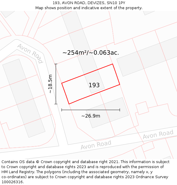 193, AVON ROAD, DEVIZES, SN10 1PY: Plot and title map