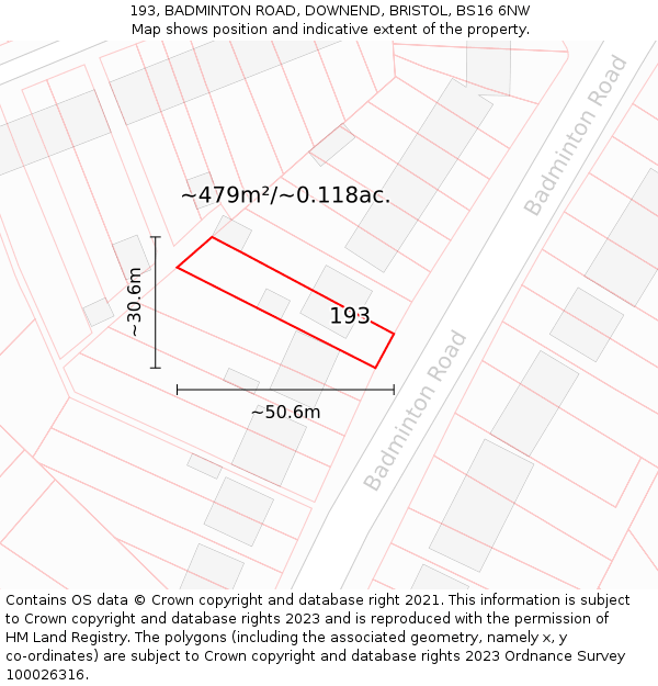 193, BADMINTON ROAD, DOWNEND, BRISTOL, BS16 6NW: Plot and title map