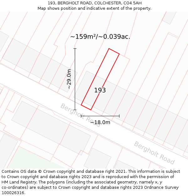 193, BERGHOLT ROAD, COLCHESTER, CO4 5AH: Plot and title map