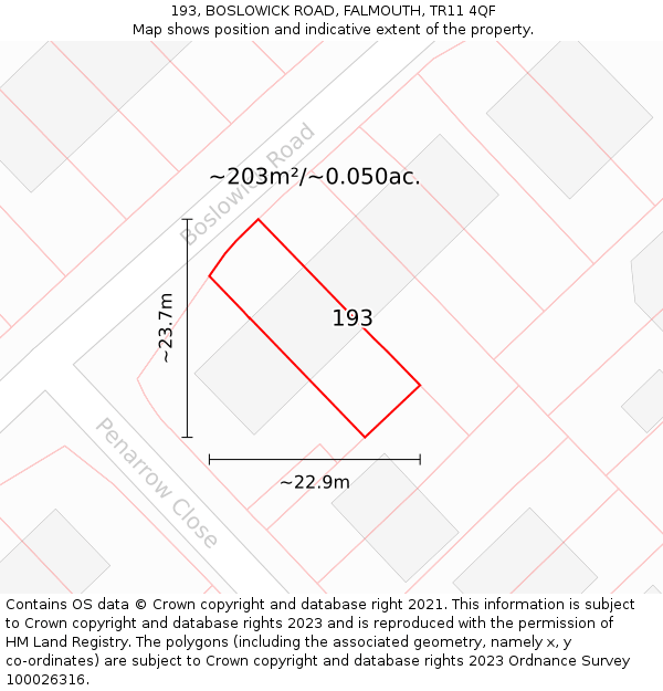 193, BOSLOWICK ROAD, FALMOUTH, TR11 4QF: Plot and title map