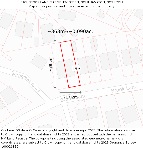 193, BROOK LANE, SARISBURY GREEN, SOUTHAMPTON, SO31 7DU: Plot and title map