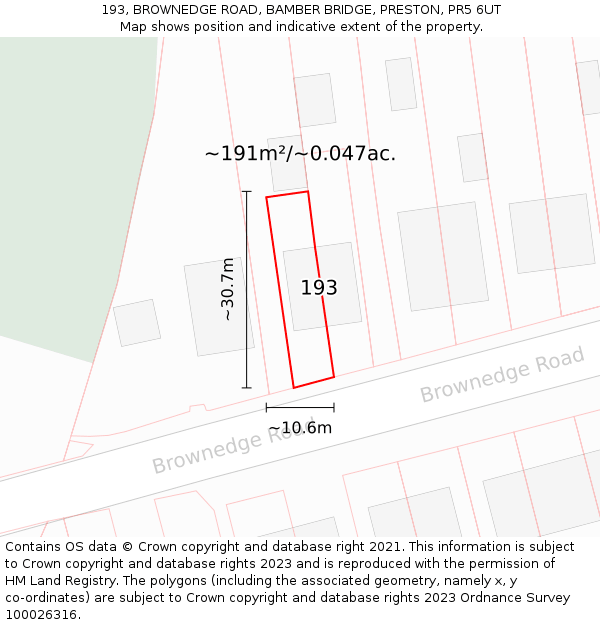 193, BROWNEDGE ROAD, BAMBER BRIDGE, PRESTON, PR5 6UT: Plot and title map