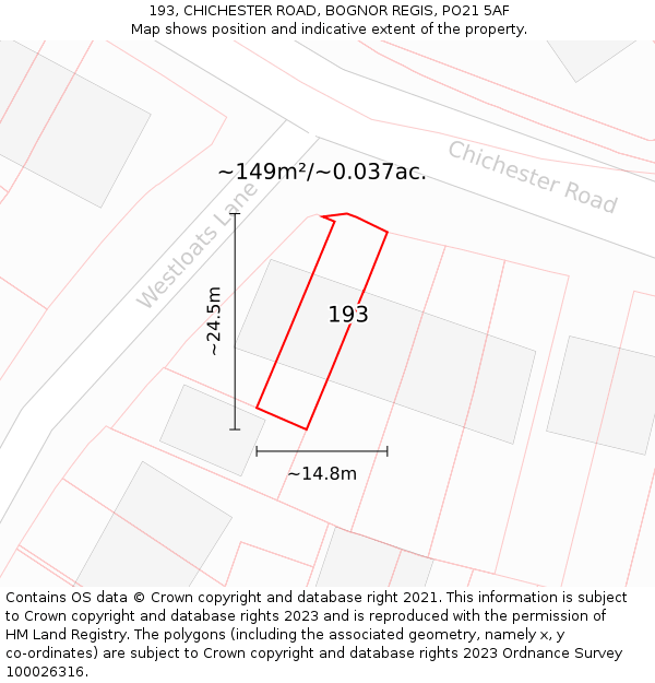 193, CHICHESTER ROAD, BOGNOR REGIS, PO21 5AF: Plot and title map