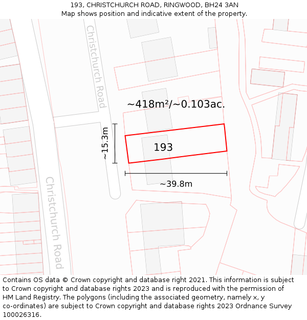 193, CHRISTCHURCH ROAD, RINGWOOD, BH24 3AN: Plot and title map