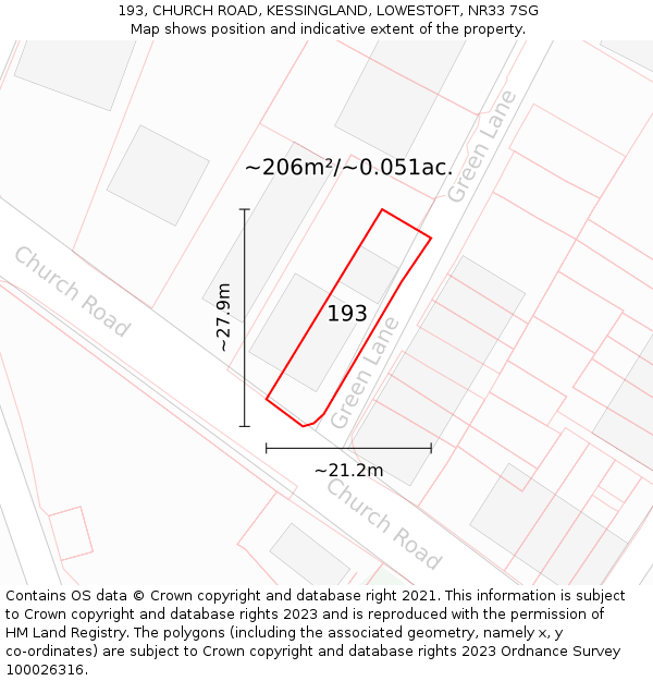 193, CHURCH ROAD, KESSINGLAND, LOWESTOFT, NR33 7SG: Plot and title map