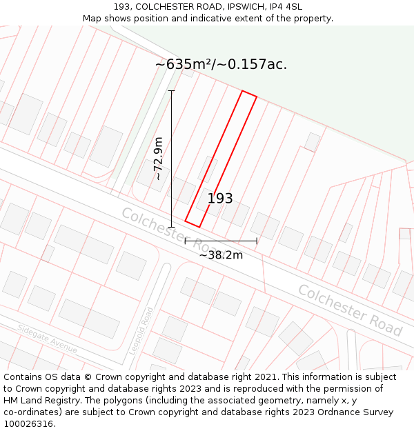 193, COLCHESTER ROAD, IPSWICH, IP4 4SL: Plot and title map