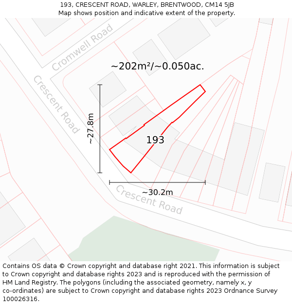 193, CRESCENT ROAD, WARLEY, BRENTWOOD, CM14 5JB: Plot and title map