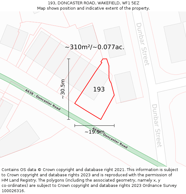 193, DONCASTER ROAD, WAKEFIELD, WF1 5EZ: Plot and title map